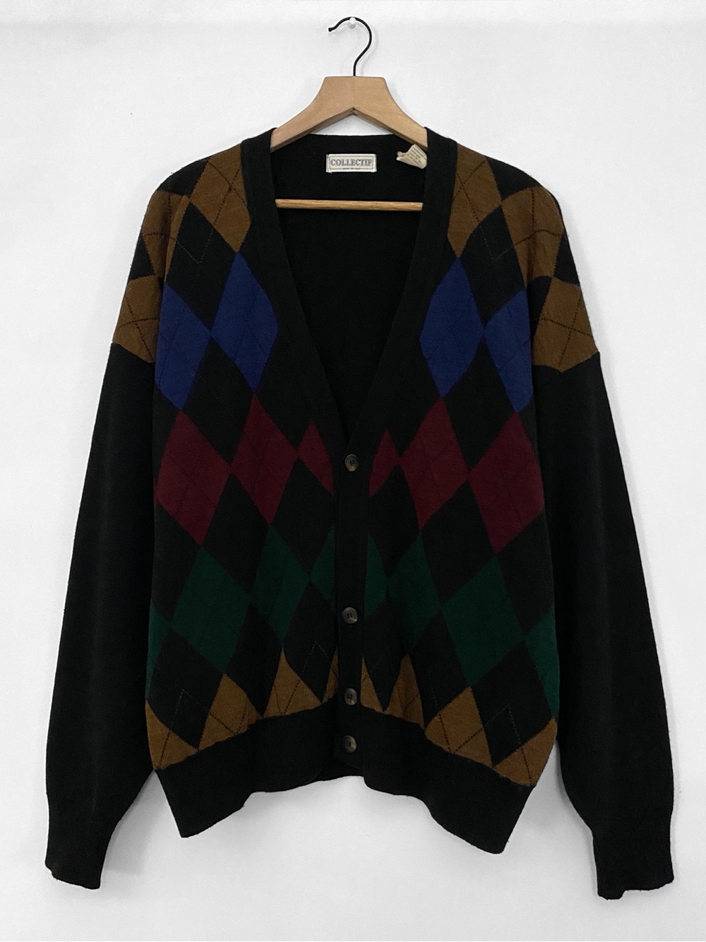 Vintage Collectif Black Argyle Wool Blend Button Grandpa Cardigan Sweater XL